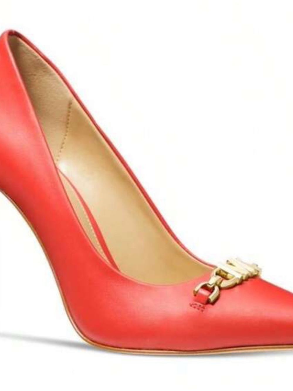 Michael Kors Coral Red Pointed-Toe Pumps with Gold Chain